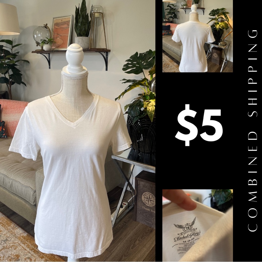 Flattering, standard white cotton v-neck t-shirt.
